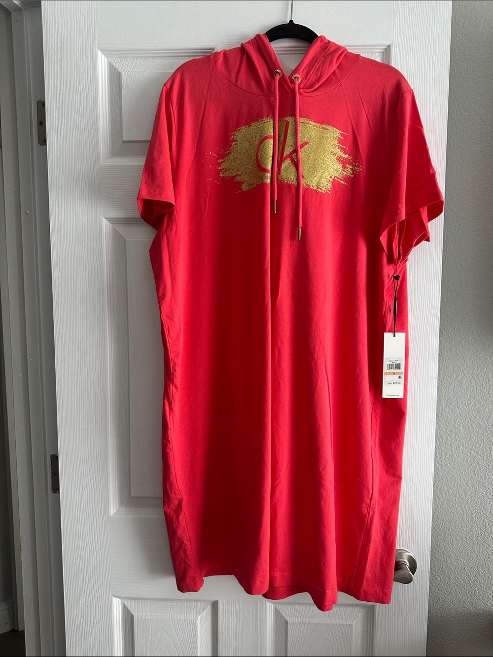 Calvin Klein Coral Red Hoodie with Gold Accent